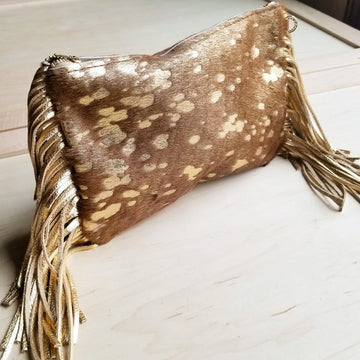 Tan and Gold Hair-on-Hide Leather Clutch Wristlet
