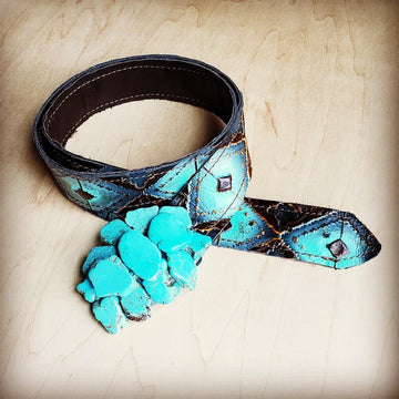 Blue Navajo Inspired Leather Belt w/ Turquoise Slab Buckle