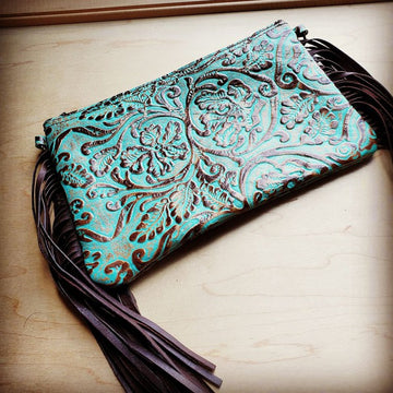 Embossed Cowboy Turquoise Leather Clutch Wristlet