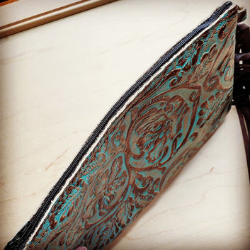 Embossed Cowboy Turquoise Leather Clutch Wristlet