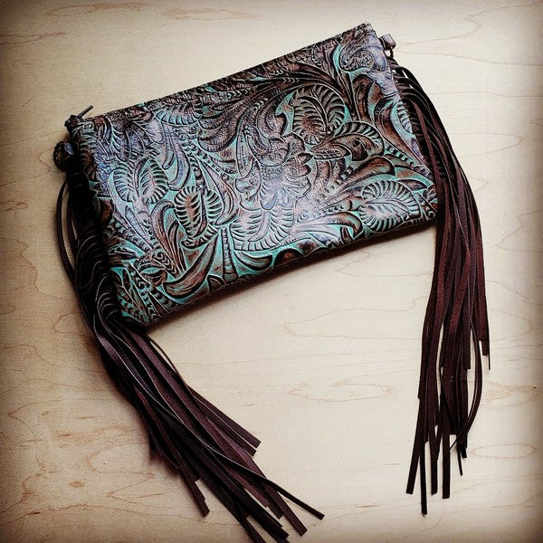 Embossed Turquoise Brown Floral Leather Clutch Wristlet