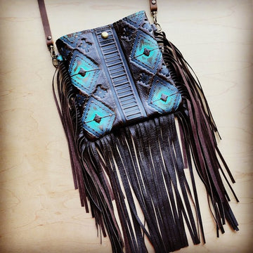 Small Crossbody Blue Navajo Inspired Leather Full Fringe