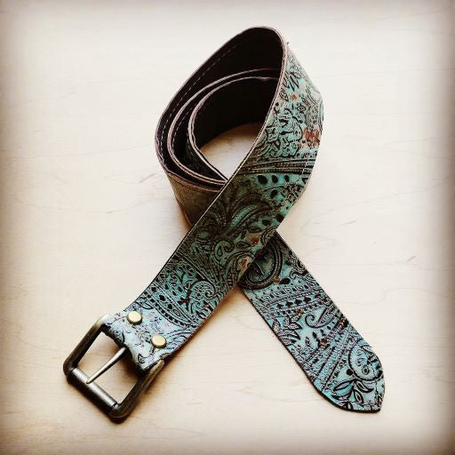 Turquoise Brown Paisley Leather Belt 44 inch