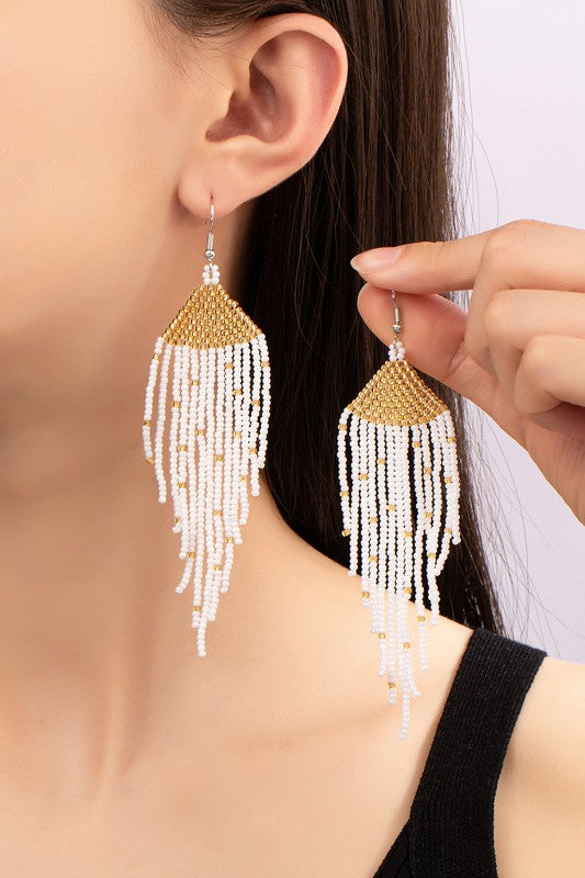 Cream and Gold Hand Woven Fringe Earrings