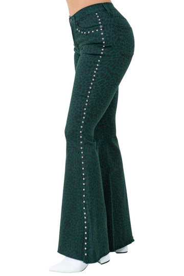 Lainey Leopard Studded Bell Bottom Green