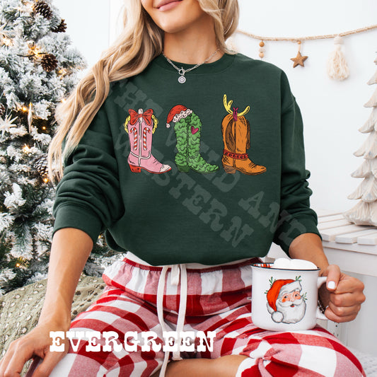 Grinchy Christmas Cowboy Boots Crewneck Sweatshirt