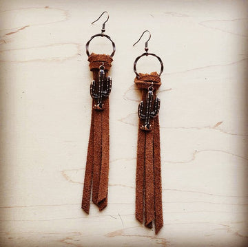 Suede Leather Tassel Earrings with Cactus Charm